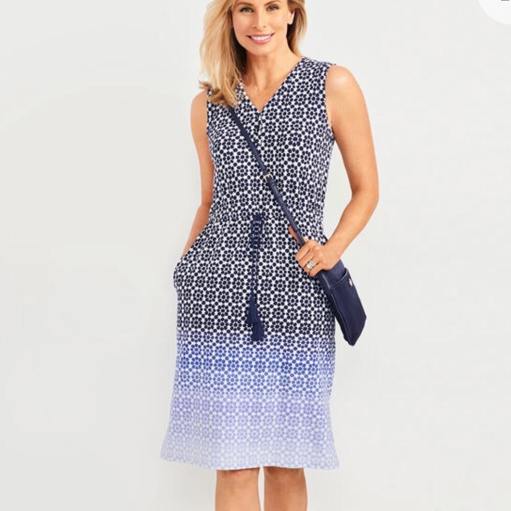T by Talbots Women's Casual Comfort Ombre Geo Print Henley Dress Size XL Blue